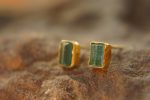 solid 22k gold-blue tourmaline Earrings-Gold Studs-one of a kind-stud earrings-22k gold earrings- blue stone earrings- 22k stud with stone