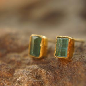 solid 22k gold-blue tourmaline Earrings-Gold Studs-one of a kind-stud earrings-22k gold earrings- blue stone earrings- 22k stud with stone