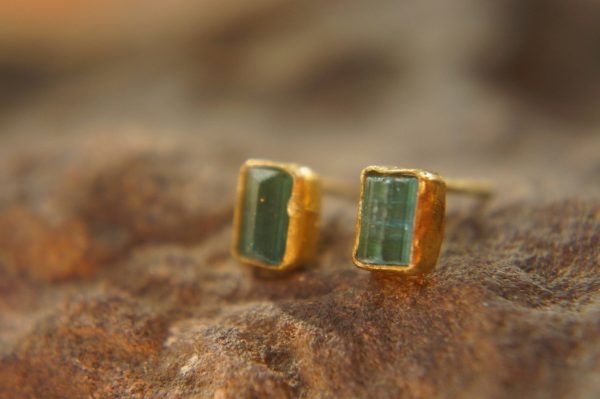 solid 22k gold-blue tourmaline Earrings-Gold Studs-one of a kind-stud earrings-22k gold earrings- blue stone earrings- 22k stud with stone