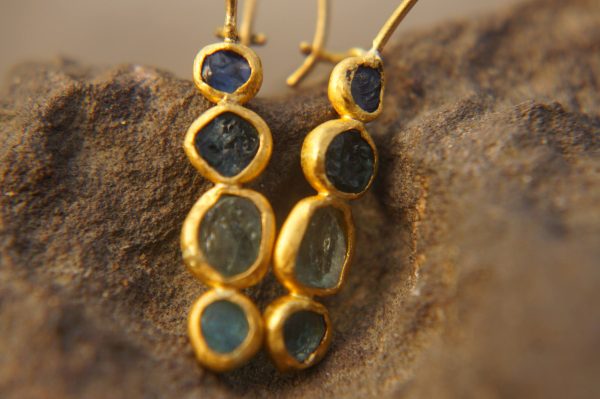 sale solid gold dangle earrings//blue green yellow gem Earrings//Gold Dangle & Drop Earrings//spring color earrings//24k gold earrings//