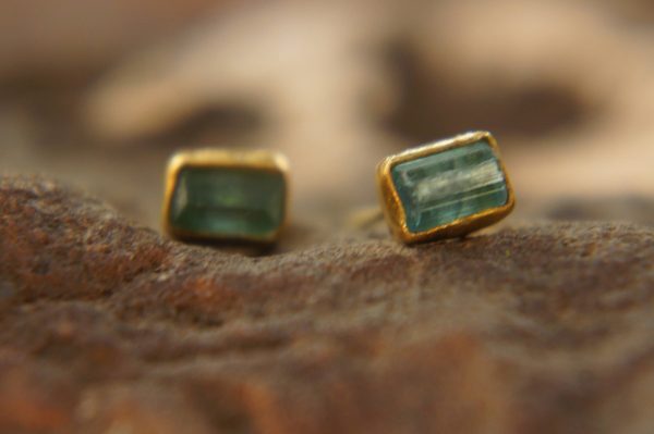solid 22k gold-blue tourmaline Earrings-Gold Studs-one of a kind-stud earrings-22k gold earrings- blue stone earrings- 22k stud with stone