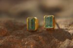 solid 22k gold-blue tourmaline Earrings-Gold Studs-one of a kind-stud earrings-22k gold earrings- blue stone earrings- 22k stud with stone