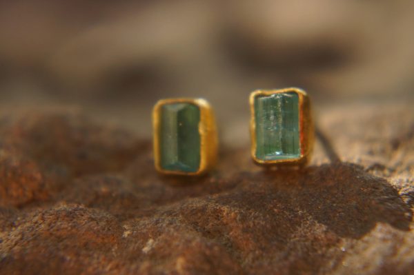 solid 22k gold-blue tourmaline Earrings-Gold Studs-one of a kind-stud earrings-22k gold earrings- blue stone earrings- 22k stud with stone