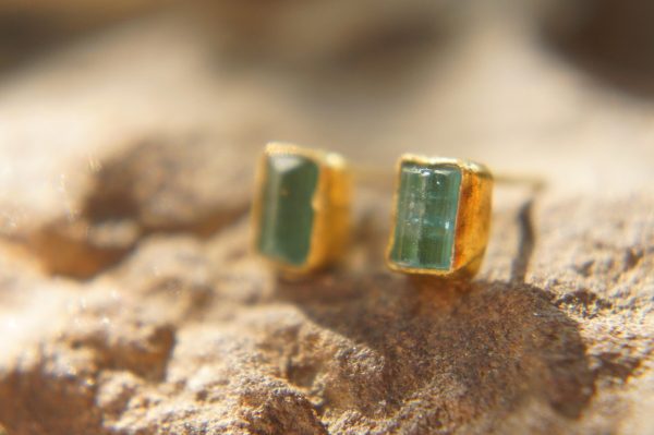 solid 22k gold-blue tourmaline Earrings-Gold Studs-one of a kind-stud earrings-22k gold earrings- blue stone earrings- 22k stud with stone