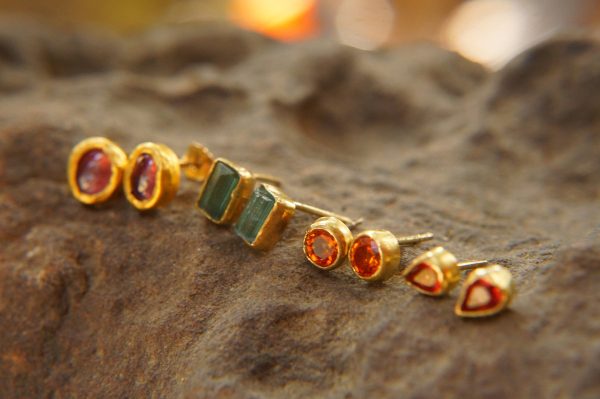 solid 22k gold-blue tourmaline Earrings-Gold Studs-one of a kind-stud earrings-22k gold earrings- blue stone earrings- 22k stud with stone