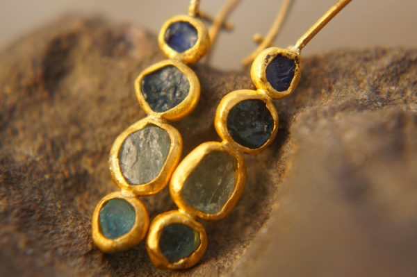 sale solid gold dangle earrings//blue green yellow gem Earrings//Gold Dangle & Drop Earrings//spring color earrings//24k gold earrings//