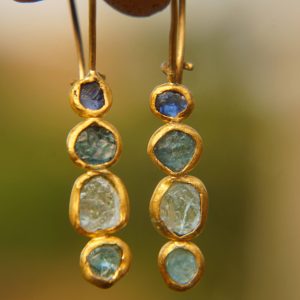 sale solid gold dangle earrings//blue green yellow gem Earrings//Gold Dangle & Drop Earrings//spring color earrings//24k gold earrings//