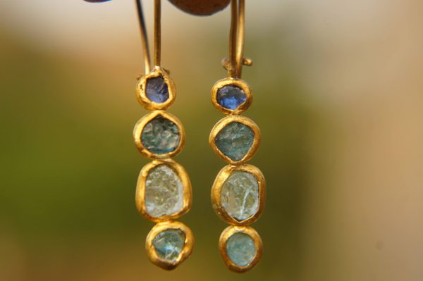 sale solid gold dangle earrings//blue green yellow gem Earrings//Gold Dangle & Drop Earrings//spring color earrings//24k gold earrings//