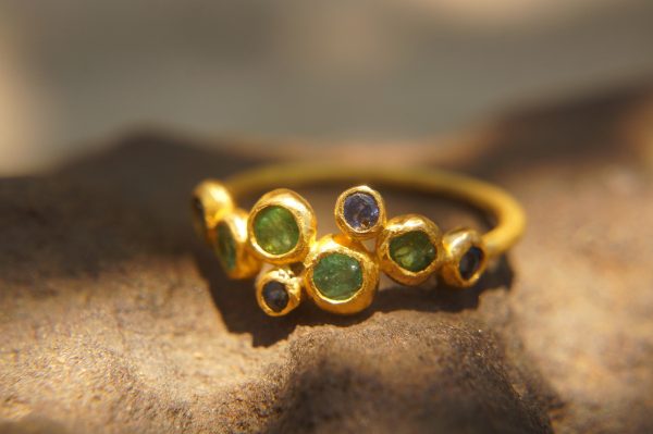 sapphire gold ring//artisan emerald ring//emerald sapphire ring//engagement earrings//24k gold ring//emerald gold ring//24k gold earring