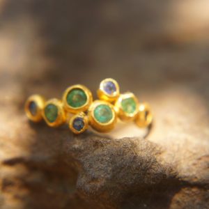 sapphire gold ring//artisan emerald ring//emerald sapphire ring//engagement earrings//24k gold ring//emerald gold ring//24k gold earring