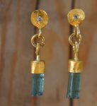 dangle stud earring//gold blue gem earring//blue tourmaline dangle earrings//boho artisan earrings//24k gold organic//24k gold long studs