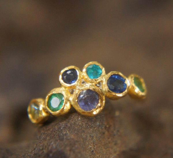 sapphire gold ring//artisan blue gem ring//emerald sapphire ring//engagement earrings//24k gold ring//emerald gold ring//24k gold earring