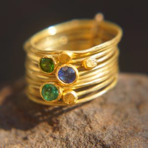 22k gold stacking ring//sapphire emerald ring//handmade one of a kind//boho engagement ring//gold nugget ring//custom made stacking ring