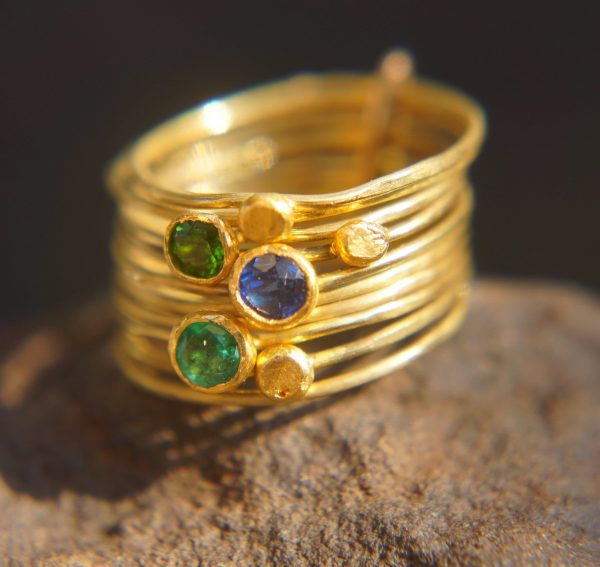 22k gold stacking ring//sapphire emerald ring//handmade one of a kind//boho engagement ring//gold nugget ring//custom made stacking ring