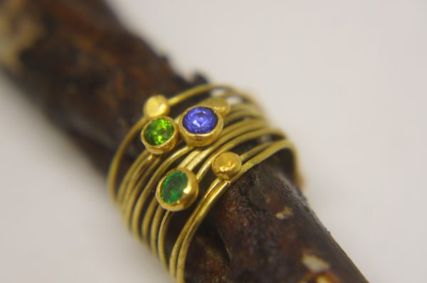 22k gold stacking ring//sapphire emerald ring//handmade one of a kind//boho engagement ring//gold nugget ring//custom made stacking ring