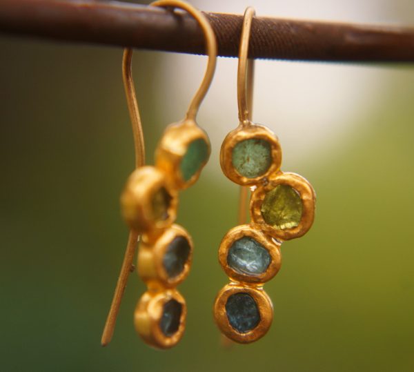 solid gold dangle earrings//blue green gem Earrings//24k Gold Dangle & Drop Earrings//gold tourmaline earrings//24k gold earrings//24k gold