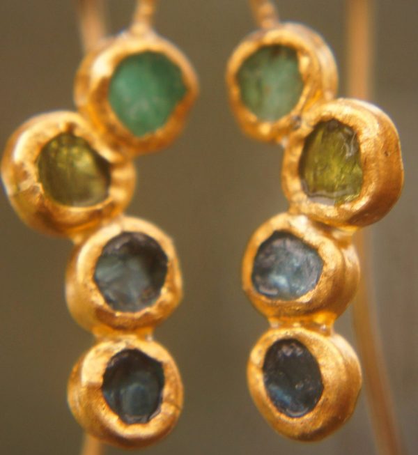 solid gold dangle earrings//blue green gem Earrings//24k Gold Dangle & Drop Earrings//gold tourmaline earrings//24k gold earrings//24k gold