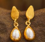 24k drop pearl, bezel setting solid gold pearl dangle stud, 24k gold pearl studs, artisan handmade boho earrings, one of a kind gold studs