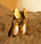 24k drop pearl, bezel setting solid gold pearl dangle stud, 24k gold pearl studs, artisan handmade boho earrings, one of a kind gold studs
