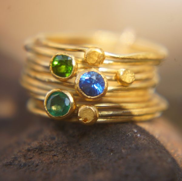 22k gold stacking ring//sapphire emerald ring//handmade one of a kind//boho engagement ring//gold nugget ring//custom made stacking ring