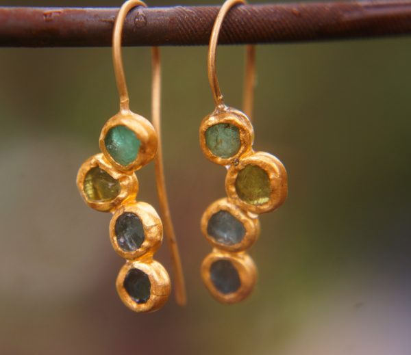 solid gold dangle earrings//blue green gem Earrings//24k Gold Dangle & Drop Earrings//gold tourmaline earrings//24k gold earrings//24k gold