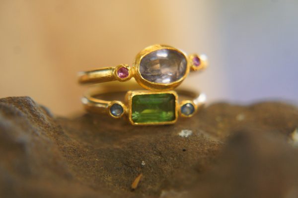 green tourmaline ring,blue sapphire ring, 24k gold ring, unique engagement earrings, 24k gold gem ring, gold tourmaline sapphire
