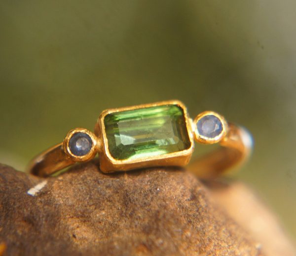 green tourmaline ring,blue sapphire ring, 24k gold ring, unique engagement earrings, 24k gold gem ring, gold tourmaline sapphire