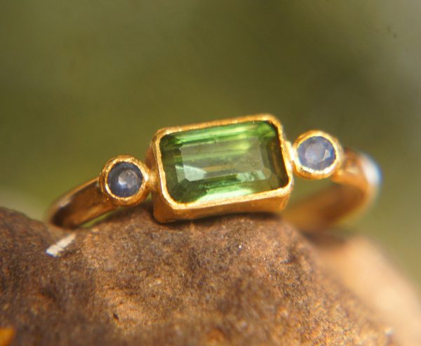 green tourmaline ring,blue sapphire ring, 24k gold ring, unique engagement earrings, 24k gold gem ring, gold tourmaline sapphire