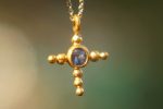 24k gold pendant//gold cross//gold artisan sapphire// sapphire gold pendant// sapphire gold cross// sapphire 24k cross//artisan gold cross