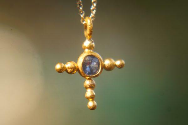 24k gold pendant//gold cross//gold artisan sapphire// sapphire gold pendant// sapphire gold cross// sapphire 24k cross//artisan gold cross