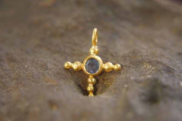 24k gold pendant//gold cross//gold artisan sapphire// sapphire gold pendant// sapphire gold cross// sapphire 24k cross//artisan gold cross