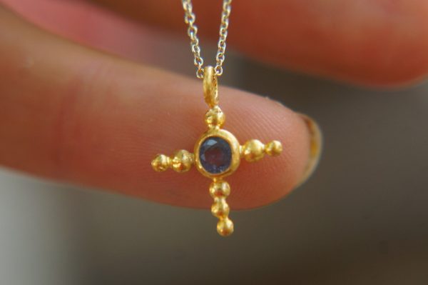 24k gold pendant//gold cross//gold artisan sapphire// sapphire gold pendant// sapphire gold cross// sapphire 24k cross//artisan gold cross