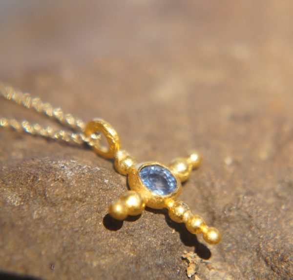 24k gold pendant//gold cross//gold artisan sapphire// sapphire gold pendant// sapphire gold cross// sapphire 24k cross//artisan gold cross