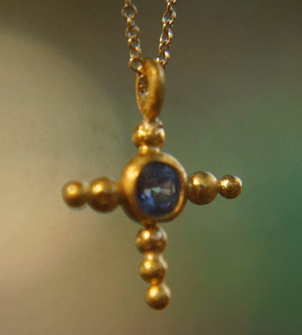 24k gold pendant//gold cross//gold artisan sapphire// sapphire gold pendant// sapphire gold cross// sapphire 24k cross//artisan gold cross