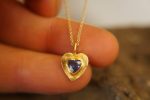 sapphire gold pendant//heart gold charm//gold sapphire heart charm//blue gold charm//artisan gold heart//blue sapphire charm//24k gold heart
