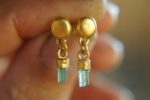 dangle stud earring//gold blue gem earring//blue tourmaline dangle earrings//boho artisan earrings//24k gold organic//24k gold long studs