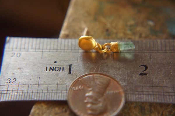 dangle stud earring//gold blue gem earring//blue tourmaline dangle earrings//boho artisan earrings//24k gold organic//24k gold long studs
