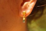 dangle stud earring//gold blue gem earring//blue tourmaline dangle earrings//boho artisan earrings//24k gold organic//24k gold long studs