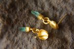 dangle stud earring//gold blue gem earring//blue tourmaline dangle earrings//boho artisan earrings//24k gold organic//24k gold long studs