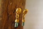 dangle stud earring//gold blue gem earring//blue tourmaline dangle earrings//boho artisan earrings//24k gold organic//24k gold long studs