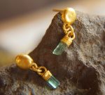 dangle stud earring//gold blue gem earring//blue tourmaline dangle earrings//boho artisan earrings//24k gold organic//24k gold long studs