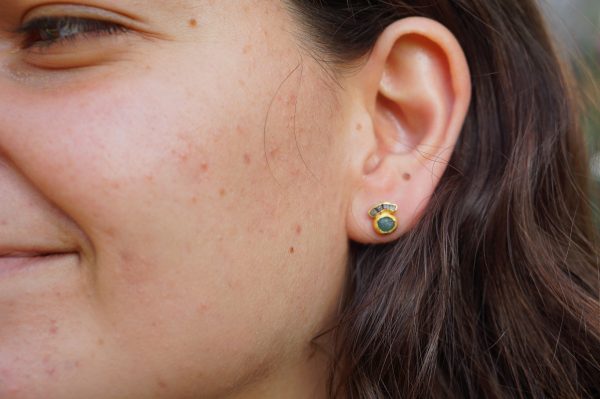 cubic diamond Studs//24k gold Earrings//rough blue diamonds//gold stud earrings//24k gold earrings//cubic and blue diamonds gold earring//