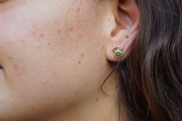 cubic diamond Studs//24k gold Earrings//rough blue diamonds//gold stud earrings//24k gold earrings//cubic and blue diamonds gold earring//