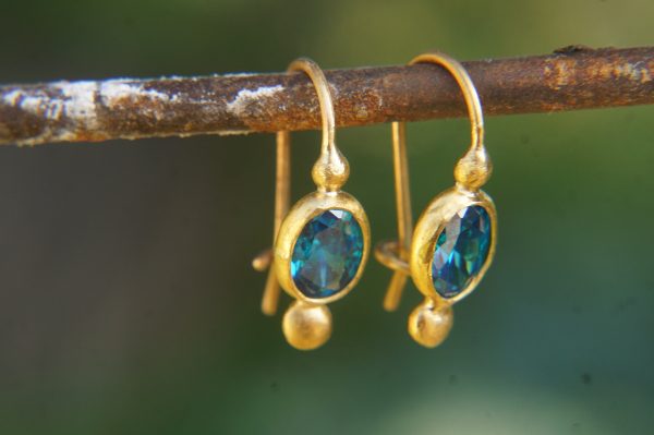 24k gold earrings//Blue Topaz Earrings//Gold Dangle Earrings//blue gem earrings//24k gold earrings//24ct earrings with stone//artisan