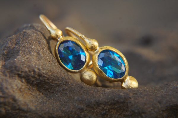 24k gold earrings//Blue Topaz Earrings//Gold Dangle Earrings//blue gem earrings//24k gold earrings//24ct earrings with stone//artisan
