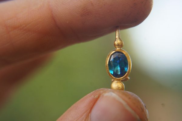 24k gold earrings//Blue Topaz Earrings//Gold Dangle Earrings//blue gem earrings//24k gold earrings//24ct earrings with stone//artisan