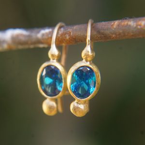 24k gold earrings//Blue Topaz Earrings//Gold Dangle Earrings//blue gem earrings//24k gold earrings//24ct earrings with stone//artisan