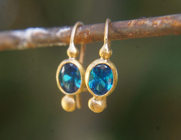24k gold earrings//Blue Topaz Earrings//Gold Dangle Earrings//blue gem earrings//24k gold earrings//24ct earrings with stone//artisan
