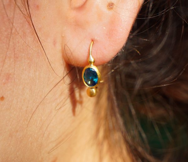 24k gold earrings//Blue Topaz Earrings//Gold Dangle Earrings//blue gem earrings//24k gold earrings//24ct earrings with stone//artisan