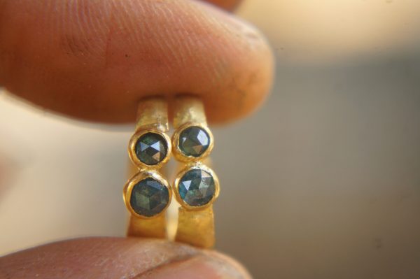 24k blue diamonds hoops, 24k solid gold earrings, hand made artisan gold hoops, small hoops with diamonds earrings, organic gold hoops